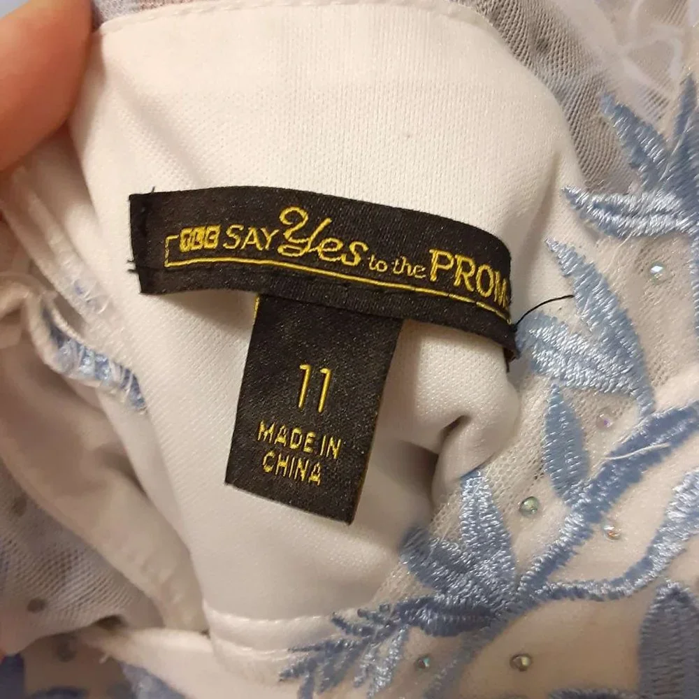 White Prom Dress with Blue Flower Embroidery - Picture 5 of 6